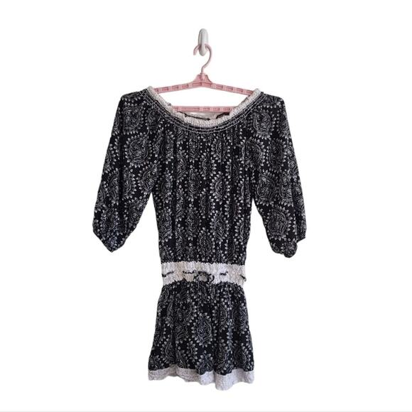 Free People Floral Off Shoulder Mini Dress Small Black Crochet Mini Cottage Boho - Picture 9 of 13